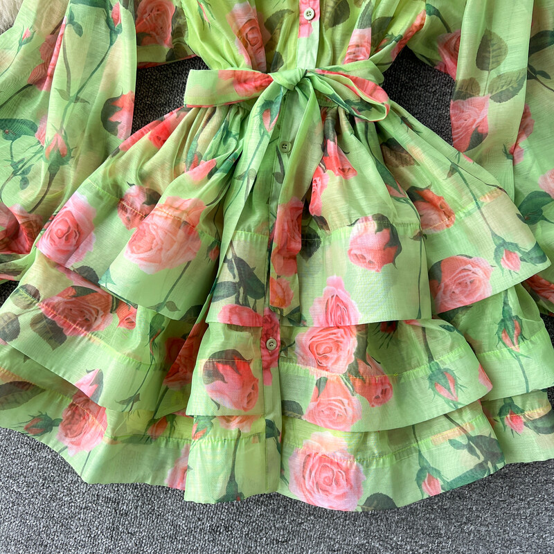 Retro Elegáns Polo Nyakú, fűzős ruha Lámpás Ujj fodros nyomtatás Alkalmi, magas derekú női nyári ruházat A-vonalú ruhák