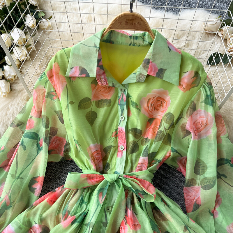 Retro Elegáns Polo Nyakú, fűzős ruha Lámpás Ujj fodros nyomtatás Alkalmi, magas derekú női nyári ruházat A-vonalú ruhák