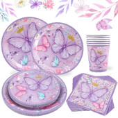 Violetiniai drugeliai Stalo reikmenys Drugelis pavasarinis gėlių vakarėlis Popierinės lėkštės Servetėlės Puodeliai Mergaitės gimtadienio kūdikio dušas Vestuvių dekoravimas