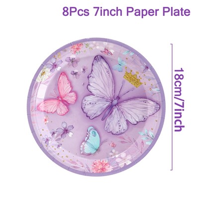 Violetiniai drugeliai Stalo reikmenys Drugelis pavasarinis gėlių vakarėlis Popierinės lėkštės Servetėlės Puodeliai Mergaitės gimtadienio kūdikio dušas Vestuvių dekoravimas