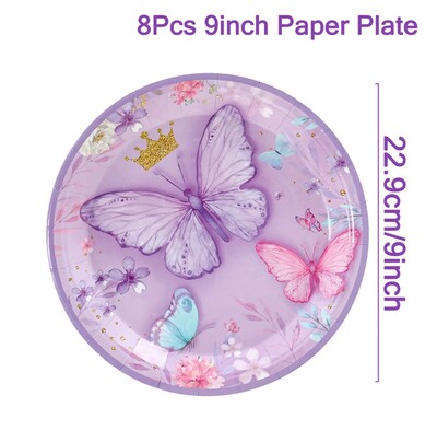 Violetiniai drugeliai Stalo reikmenys Drugelis pavasarinis gėlių vakarėlis Popierinės lėkštės Servetėlės Puodeliai Mergaitės gimtadienio kūdikio dušas Vestuvių dekoravimas