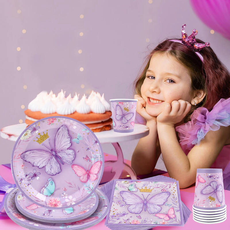 Violetiniai drugeliai Stalo reikmenys Drugelis pavasarinis gėlių vakarėlis Popierinės lėkštės Servetėlės Puodeliai Mergaitės gimtadienio kūdikio dušas Vestuvių dekoravimas