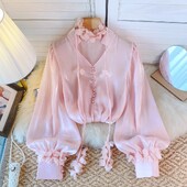 Francia elegáns női blúz új érkezés V-nyakú 3D virágos hosszú, felfújható ujjú ingek Őszi Sokoldalú Női Blusa Dropshipping