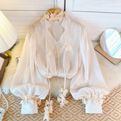 Francia elegáns női blúz új érkezés V-nyakú 3D virágos hosszú, felfújható ujjú ingek Őszi Sokoldalú Női Blusa Dropshipping