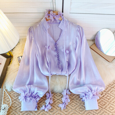 Francia elegáns női blúz új érkezés V-nyakú 3D virágos hosszú, felfújható ujjú ingek Őszi Sokoldalú Női Blusa Dropshipping