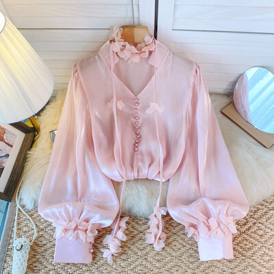 Francia elegáns női blúz új érkezés V-nyakú 3D virágos hosszú, felfújható ujjú ingek Őszi Sokoldalú Női Blusa Dropshipping