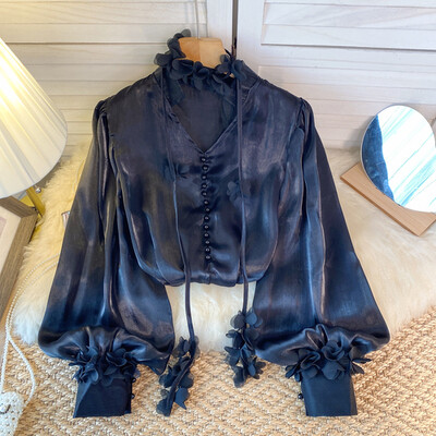 Francia elegáns női blúz új érkezés V-nyakú 3D virágos hosszú, felfújható ujjú ingek Őszi Sokoldalú Női Blusa Dropshipping