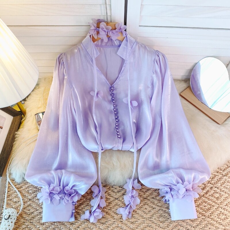 Francia elegáns női blúz új érkezés V-nyakú 3D virágos hosszú, felfújható ujjú ingek Őszi Sokoldalú Női Blusa Dropshipping