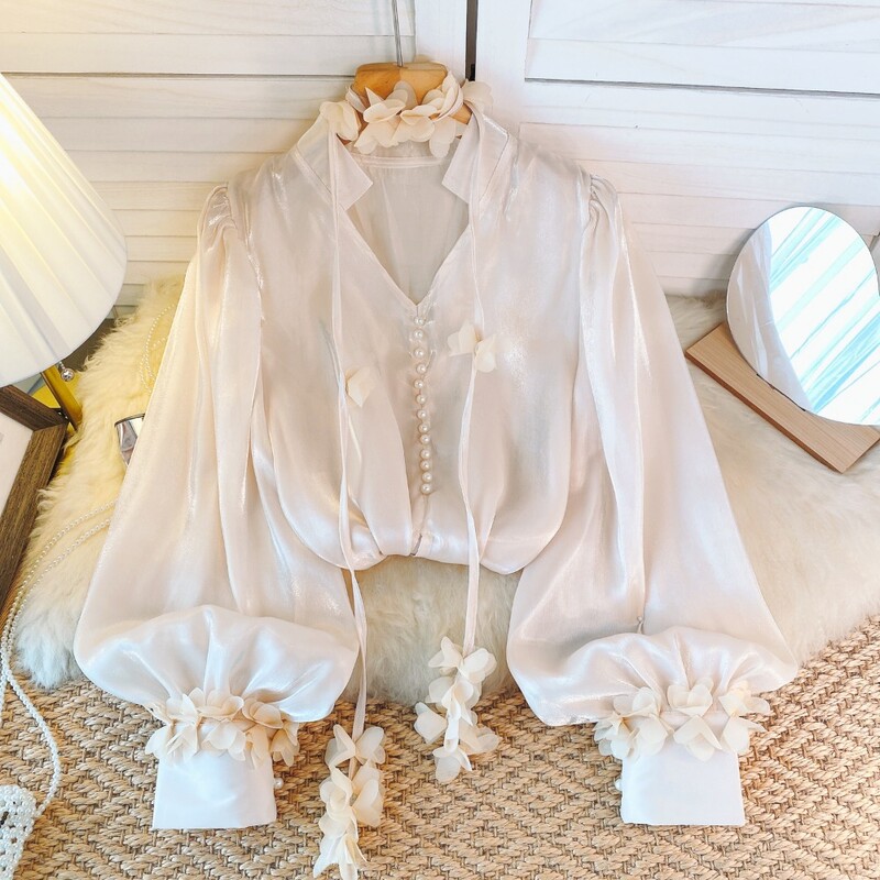 Francia elegáns női blúz új érkezés V-nyakú 3D virágos hosszú, felfújható ujjú ingek Őszi Sokoldalú Női Blusa Dropshipping