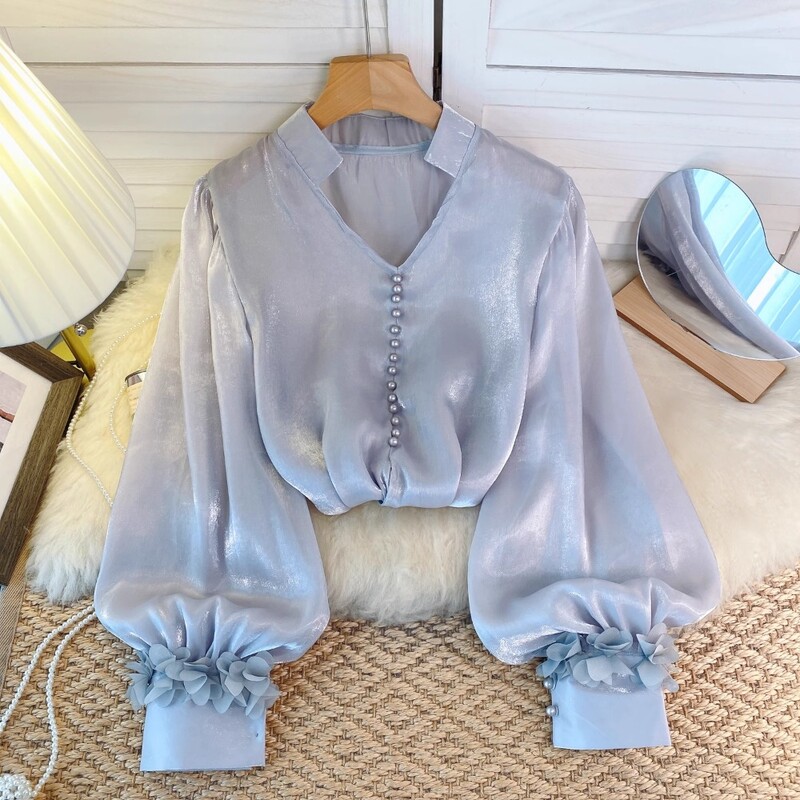 Francia elegáns női blúz új érkezés V-nyakú 3D virágos hosszú, felfújható ujjú ingek Őszi Sokoldalú Női Blusa Dropshipping