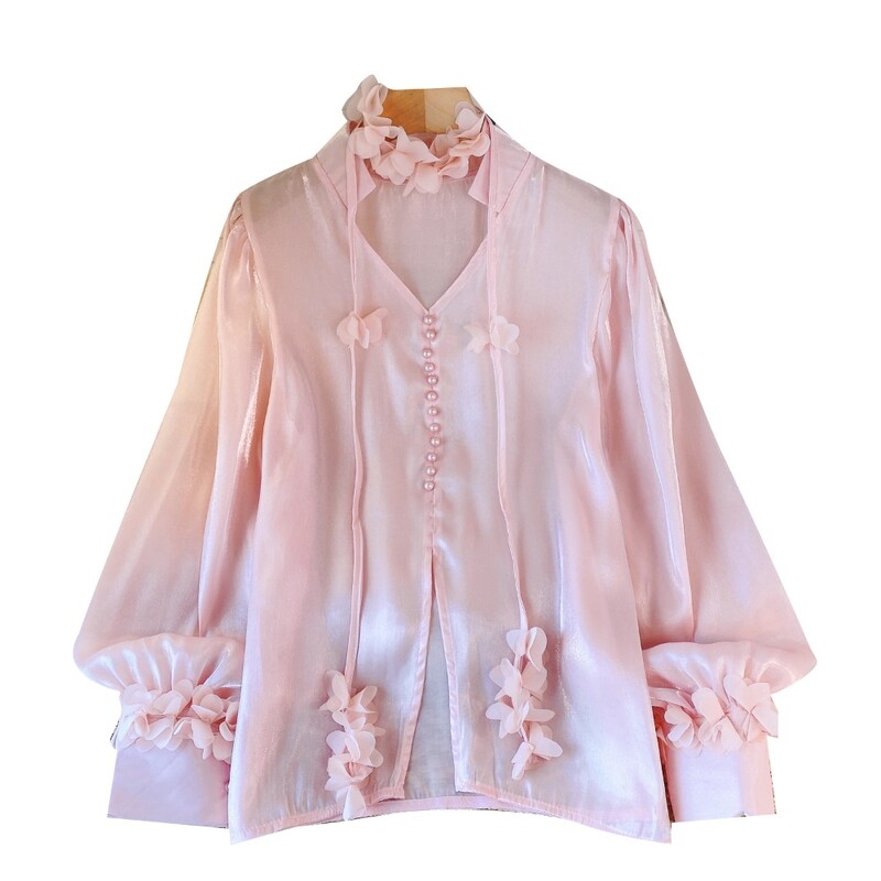 Francia elegáns női blúz új érkezés V-nyakú 3D virágos hosszú, felfújható ujjú ingek Őszi Sokoldalú Női Blusa Dropshipping