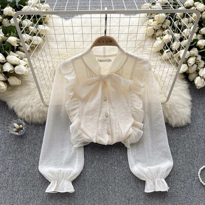 Γαλλικά κομψά πουκάμισα για γυναίκες με λαιμόκοψη V με λαιμόκοψη με μακρυά φουσκωτά μανίκια πέτο μπλούζα φθινοπωρινή casual γυναικεία μπλούζες Dropshipping