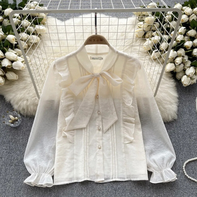 Γαλλικά κομψά πουκάμισα για γυναίκες με λαιμόκοψη V με λαιμόκοψη με μακρυά φουσκωτά μανίκια πέτο μπλούζα φθινοπωρινή casual γυναικεία μπλούζες Dropshipping