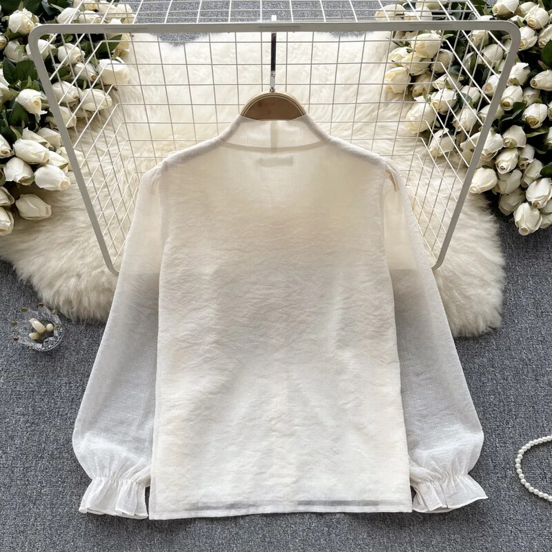 Γαλλικά κομψά πουκάμισα για γυναίκες με λαιμόκοψη V με λαιμόκοψη με μακρυά φουσκωτά μανίκια πέτο μπλούζα φθινοπωρινή casual γυναικεία μπλούζες Dropshipping