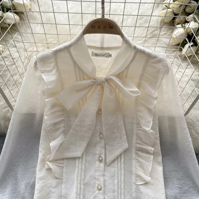 Γαλλικά κομψά πουκάμισα για γυναίκες με λαιμόκοψη V με λαιμόκοψη με μακρυά φουσκωτά μανίκια πέτο μπλούζα φθινοπωρινή casual γυναικεία μπλούζες Dropshipping