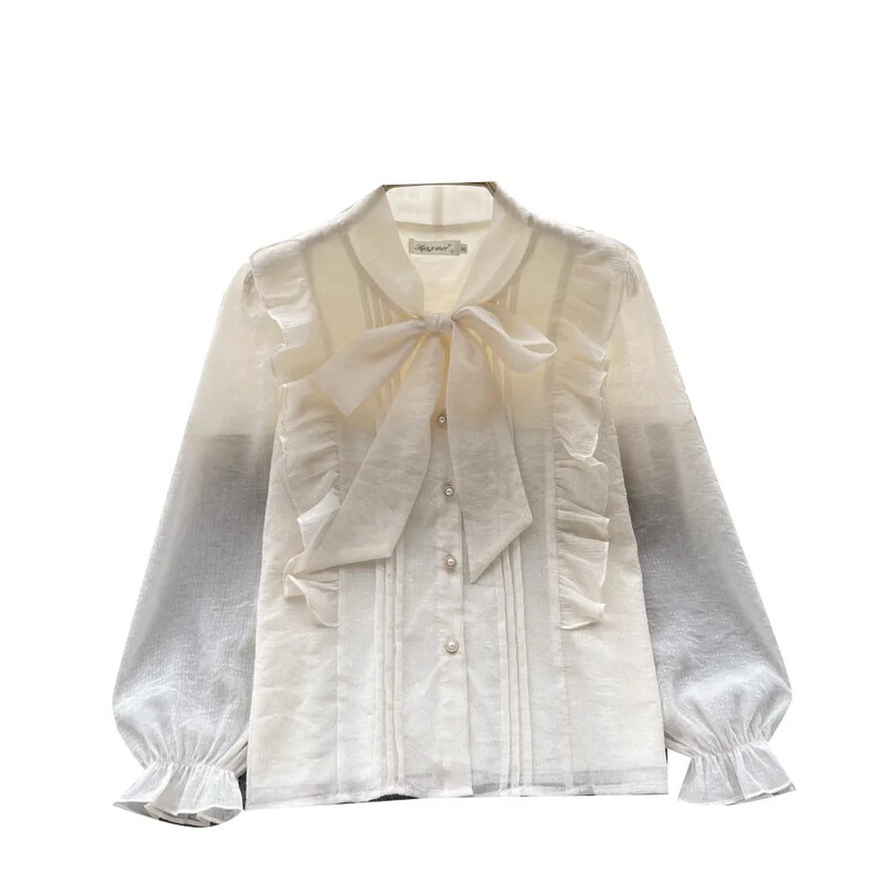 Γαλλικά κομψά πουκάμισα για γυναίκες με λαιμόκοψη V με λαιμόκοψη με μακρυά φουσκωτά μανίκια πέτο μπλούζα φθινοπωρινή casual γυναικεία μπλούζες Dropshipping