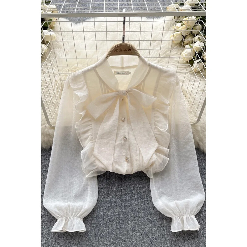 Γαλλικά κομψά πουκάμισα για γυναίκες με λαιμόκοψη V με λαιμόκοψη με μακρυά φουσκωτά μανίκια πέτο μπλούζα φθινοπωρινή casual γυναικεία μπλούζες Dropshipping