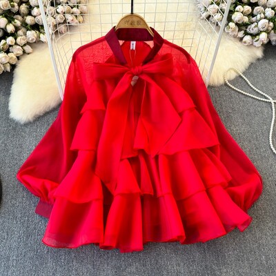 OCEANLOVE Sifonblúzok Női felsők Fodor masni Vékony Elegáns Tavaszi Nyári Blusas Mujer Divat Vintage Édes Ingek