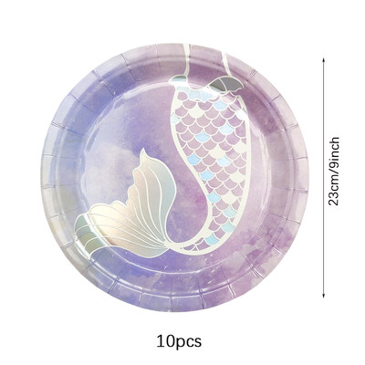 Nāras dzimšanas dienas svinības vienreizējās lietošanas galda piederumu komplekts purpursarkanas zivs astes ballītes papīra šķīvja glāzīte salvešu reklāmkarogs meitenei mazuļa ballītei
