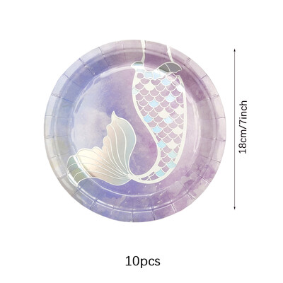 Nāras dzimšanas dienas svinības vienreizējās lietošanas galda piederumu komplekts purpursarkanas zivs astes ballītes papīra šķīvja glāzīte salvešu reklāmkarogs meitenei mazuļa ballītei