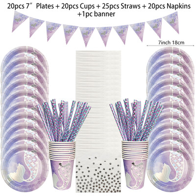 Nāras dzimšanas dienas svinības vienreizējās lietošanas galda piederumu komplekts purpursarkanas zivs astes ballītes papīra šķīvja glāzīte salvešu reklāmkarogs meitenei mazuļa ballītei