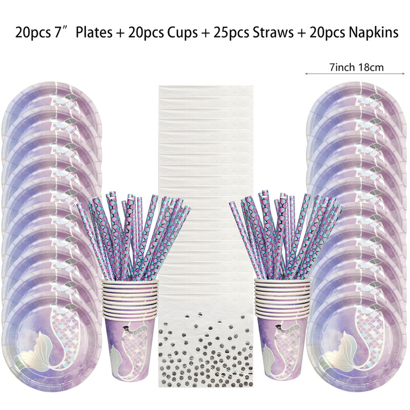 Nāras dzimšanas dienas svinības vienreizējās lietošanas galda piederumu komplekts purpursarkanas zivs astes ballītes papīra šķīvja glāzīte salvešu reklāmkarogs meitenei mazuļa ballītei
