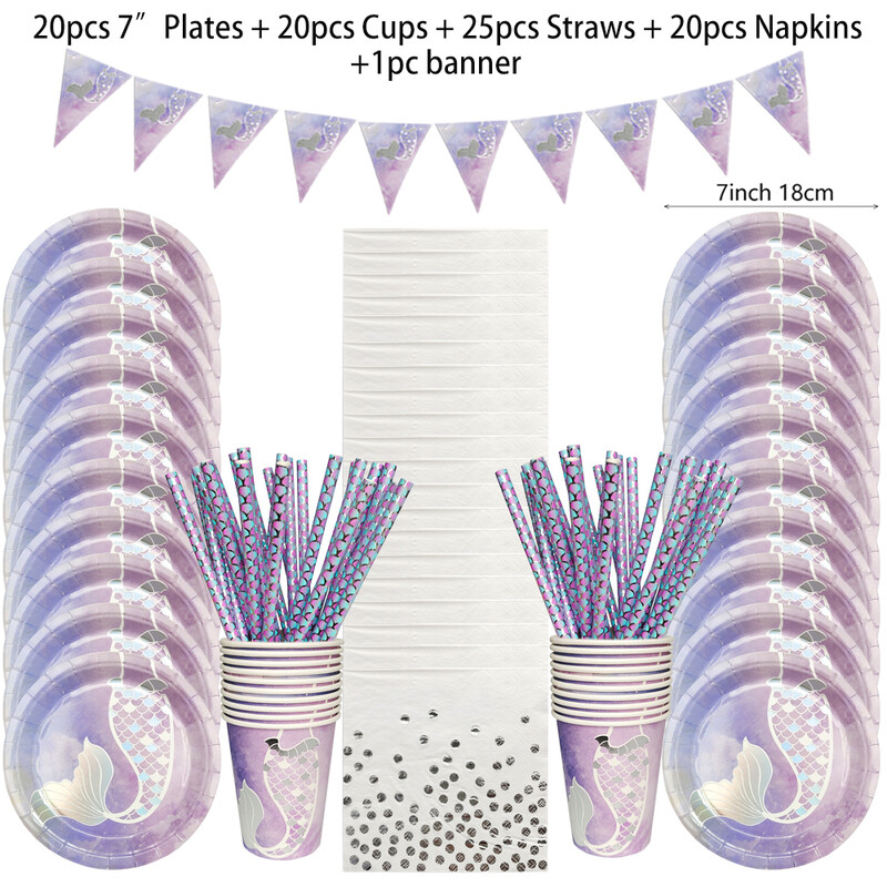 Nāras dzimšanas dienas svinības vienreizējās lietošanas galda piederumu komplekts purpursarkanas zivs astes ballītes papīra šķīvja glāzīte salvešu reklāmkarogs meitenei mazuļa ballītei