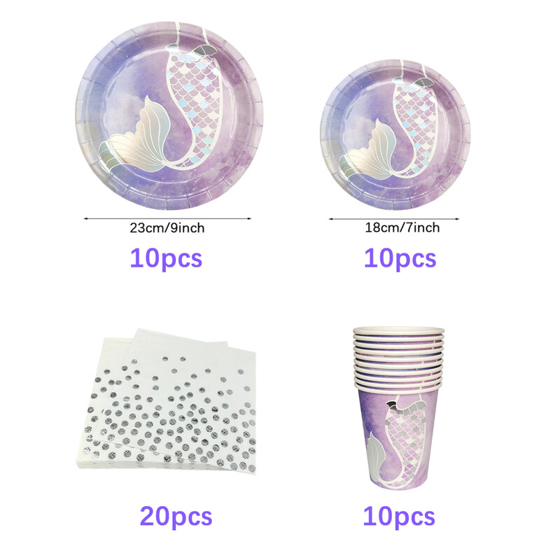 Nāras dzimšanas dienas svinības vienreizējās lietošanas galda piederumu komplekts purpursarkanas zivs astes ballītes papīra šķīvja glāzīte salvešu reklāmkarogs meitenei mazuļa ballītei