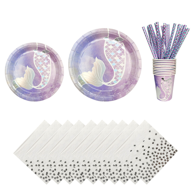 Nāras dzimšanas dienas svinības vienreizējās lietošanas galda piederumu komplekts purpursarkanas zivs astes ballītes papīra šķīvja glāzīte salvešu reklāmkarogs meitenei mazuļa ballītei