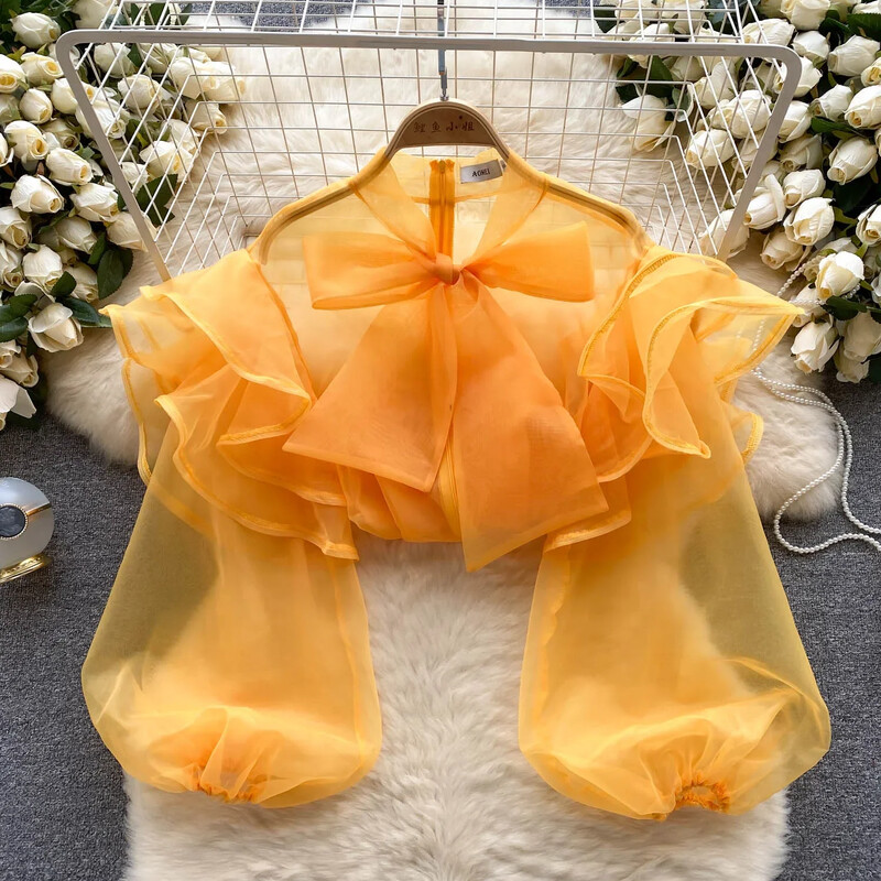 Γαλλική κομψή μπλούζα γυναικεία μπλούζα σιφόν διαφανή κορδόνια γιακά φανάρι μανίκι Γυναικεία μπλούζα βολάν Κομψές μπλούζες Dropshipping