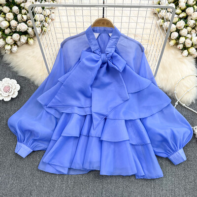 Hosszú ujjú női ingek Pillangós blúz Francia elegáns Bluzas Mujer Mesh Blusas női édes Y2k Crop Tops Dropshipping