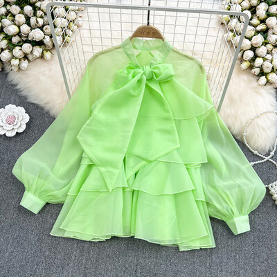 Hosszú ujjú női ingek Pillangós blúz Francia elegáns Bluzas Mujer Mesh Blusas női édes Y2k Crop Tops Dropshipping