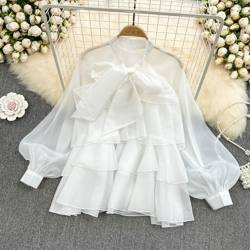 Hosszú ujjú női ingek Pillangós blúz Francia elegáns Bluzas Mujer Mesh Blusas női édes Y2k Crop Tops Dropshipping