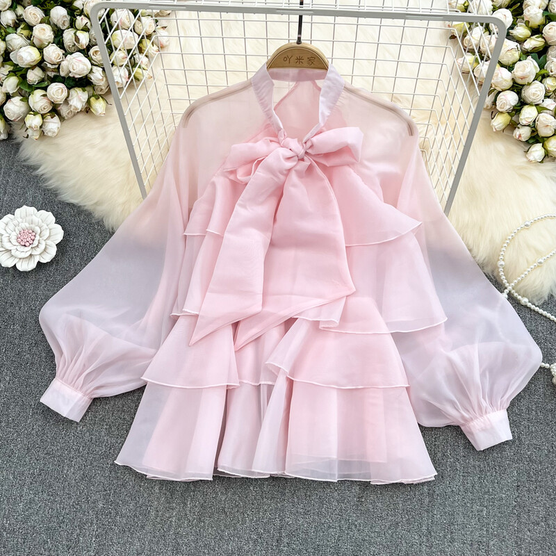 Hosszú ujjú női ingek Pillangós blúz Francia elegáns Bluzas Mujer Mesh Blusas női édes Y2k Crop Tops Dropshipping