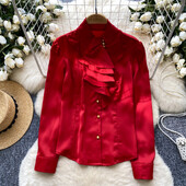 Κομψό βολάν casual μακρυμάνικο σέξι όρθιο γιακά Βασικές αρχές για μονό στήθος Office Lady High Street Vintage ανοιξιάτικη μπλούζα φθινοπώρου