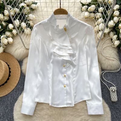 Κομψό βολάν casual μακρυμάνικο σέξι όρθιο γιακά Βασικές αρχές για μονό στήθος Office Lady High Street Vintage ανοιξιάτικη μπλούζα φθινοπώρου