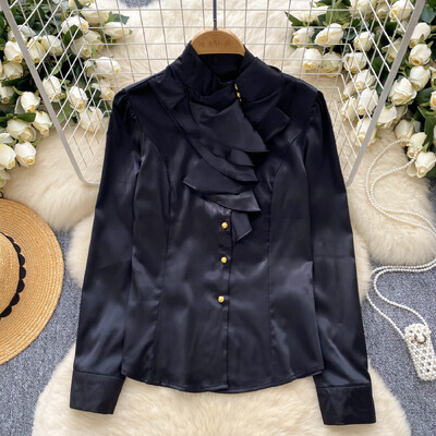 Κομψό βολάν casual μακρυμάνικο σέξι όρθιο γιακά Βασικές αρχές για μονό στήθος Office Lady High Street Vintage ανοιξιάτικη μπλούζα φθινοπώρου