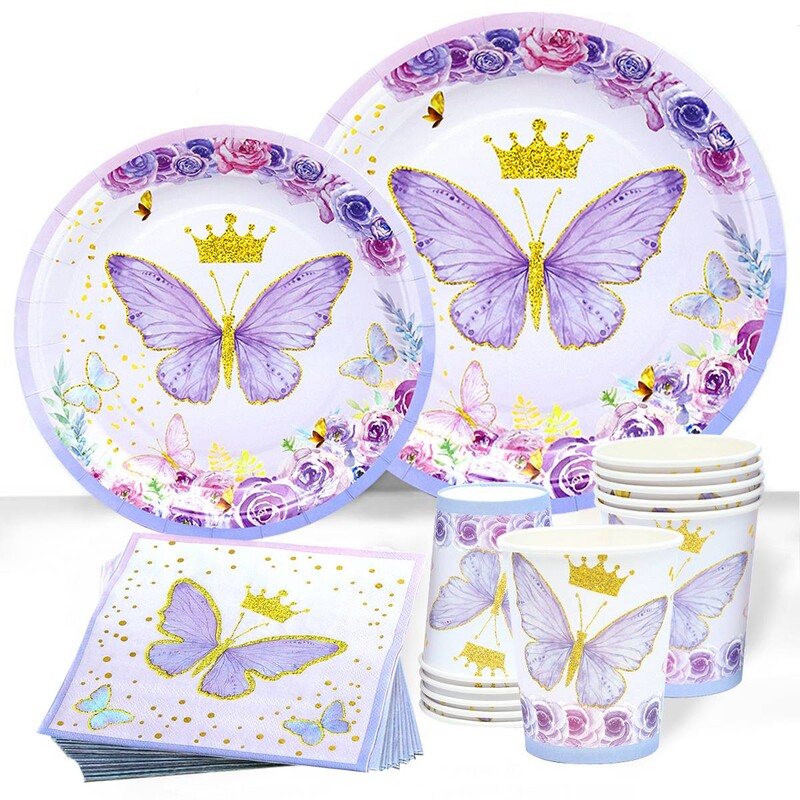 Lila pillangós buli eldobható étkészletek születésnapi parti dekoráció gyerekeknek babaváró esküvői parti papír tányér csésze kellékek