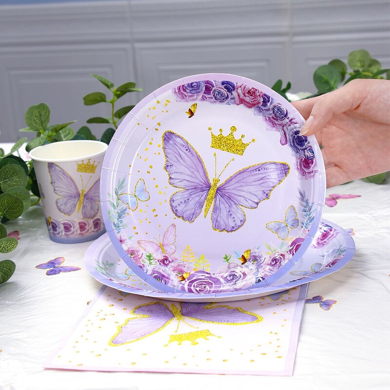 Lila pillangós buli eldobható étkészletek születésnapi parti dekoráció gyerekeknek babaváró esküvői parti papír tányér csésze kellékek