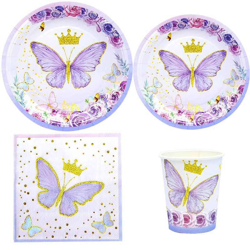 Lila pillangós buli eldobható étkészletek születésnapi parti dekoráció gyerekeknek babaváró esküvői parti papír tányér csésze kellékek