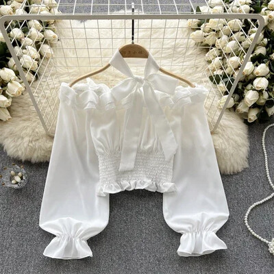 Sieviešu blūzes ar slīpu kakla izgriezumu, izpārdošanas no pleciem, auklas, salocītas ar garām piedurknēm, šauri krekli Rudens sieviešu topi Dropshipping