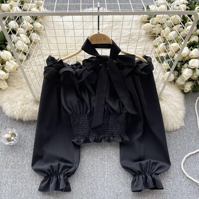 Sieviešu blūzes ar slīpu kakla izgriezumu, izpārdošanas no pleciem, auklas, salocītas ar garām piedurknēm, šauri krekli Rudens sieviešu topi Dropshipping