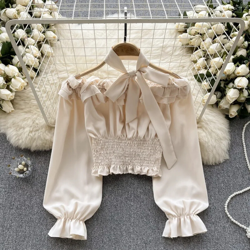 Sieviešu blūzes ar slīpu kakla izgriezumu, izpārdošanas no pleciem, auklas, salocītas ar garām piedurknēm, šauri krekli Rudens sieviešu topi Dropshipping