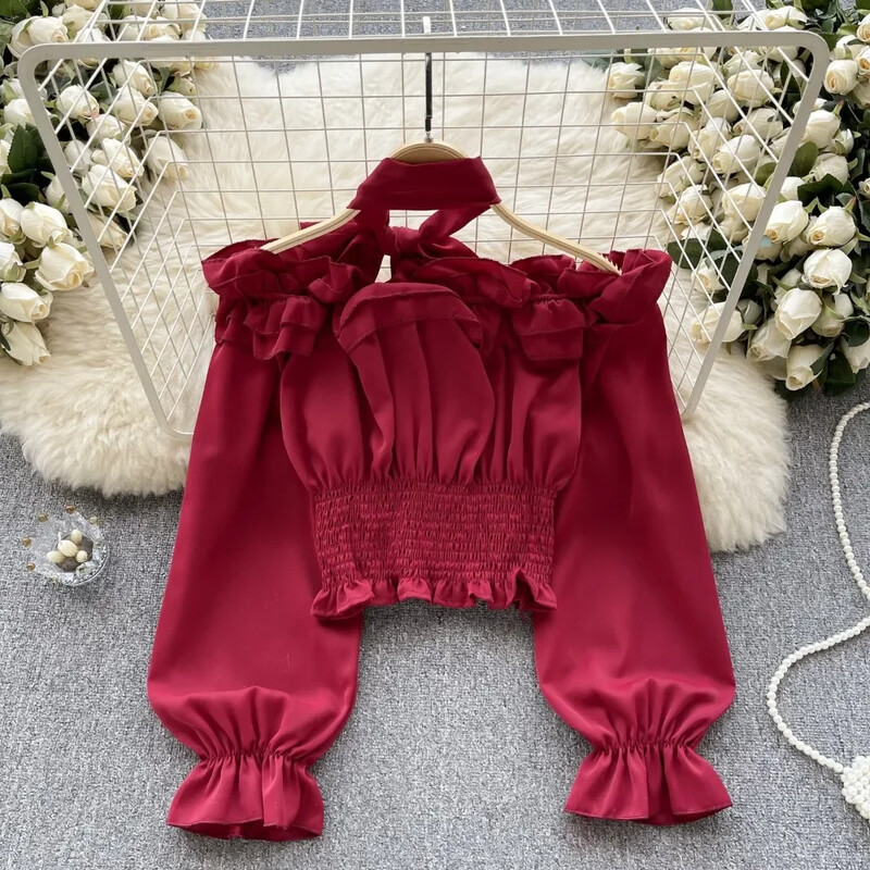 Sieviešu blūzes ar slīpu kakla izgriezumu, izpārdošanas no pleciem, auklas, salocītas ar garām piedurknēm, šauri krekli Rudens sieviešu topi Dropshipping