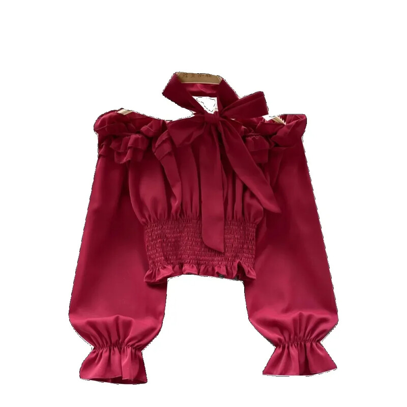 Sieviešu blūzes ar slīpu kakla izgriezumu, izpārdošanas no pleciem, auklas, salocītas ar garām piedurknēm, šauri krekli Rudens sieviešu topi Dropshipping