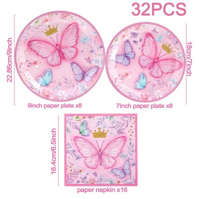 Rozā purpursarkanā tauriņa vienreizlietojamie galda piederumi, papīra šķīvju krūzes komplekti, tauriņu dzimšanas dienas ballītes dekori, meitenes mazuļa dušas piederumi kāzām