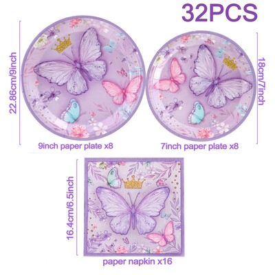 Rozā purpursarkanā tauriņa vienreizlietojamie galda piederumi, papīra šķīvju krūzes komplekti, tauriņu dzimšanas dienas ballītes dekori, meitenes mazuļa dušas piederumi kāzām