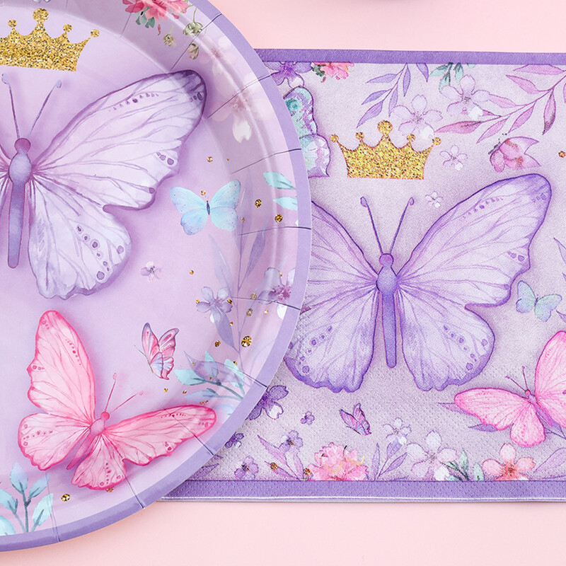 Rozā purpursarkanā tauriņa vienreizlietojamie galda piederumi, papīra šķīvju krūzes komplekti, tauriņu dzimšanas dienas ballītes dekori, meitenes mazuļa dušas piederumi kāzām