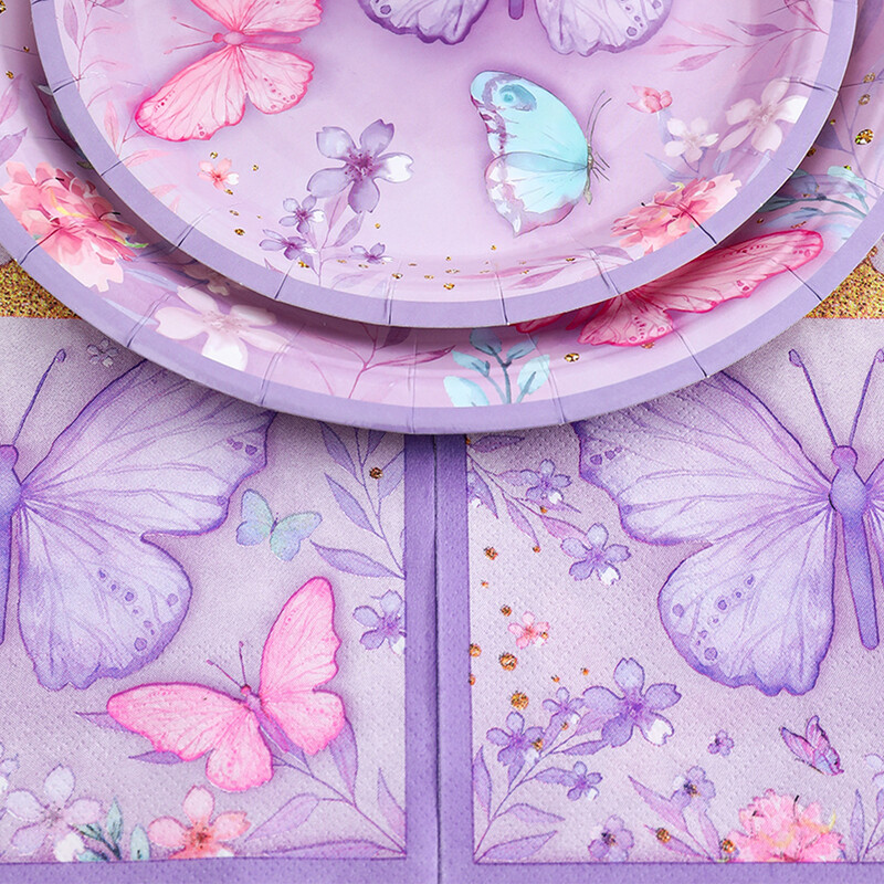 Rozā purpursarkanā tauriņa vienreizlietojamie galda piederumi, papīra šķīvju krūzes komplekti, tauriņu dzimšanas dienas ballītes dekori, meitenes mazuļa dušas piederumi kāzām