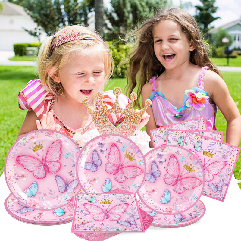 Rozā purpursarkanā tauriņa vienreizlietojamie galda piederumi, papīra šķīvju krūzes komplekti, tauriņu dzimšanas dienas ballītes dekori, meitenes mazuļa dušas piederumi kāzām